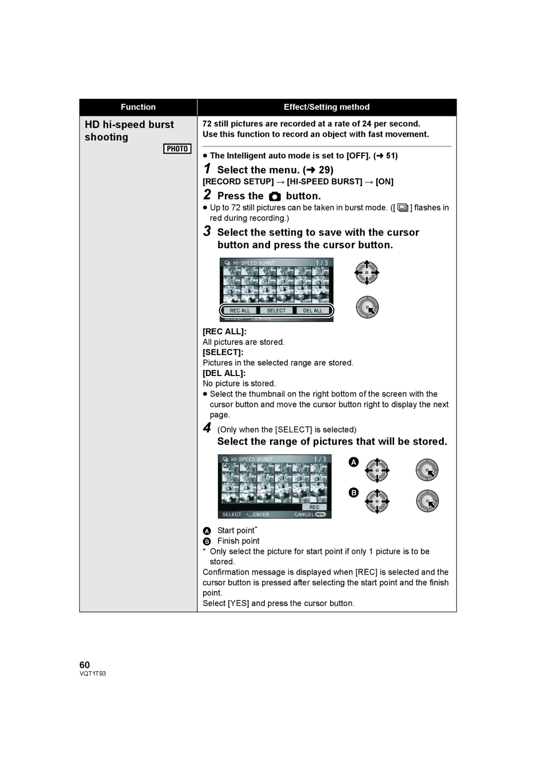 Panasonic HDC-HS100P HD hi-speed burst shooting, Press the button, Select the range of pictures that will be stored 