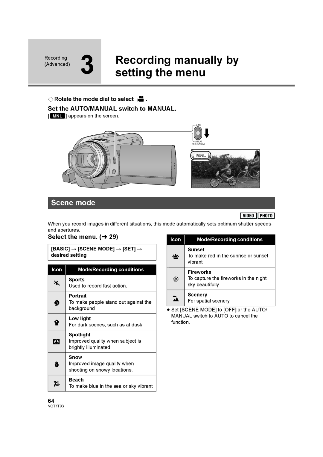 Panasonic HDC-HS100P Recording manually by, Setting the menu, Scene mode, Set the AUTO/MANUAL switch to Manual 