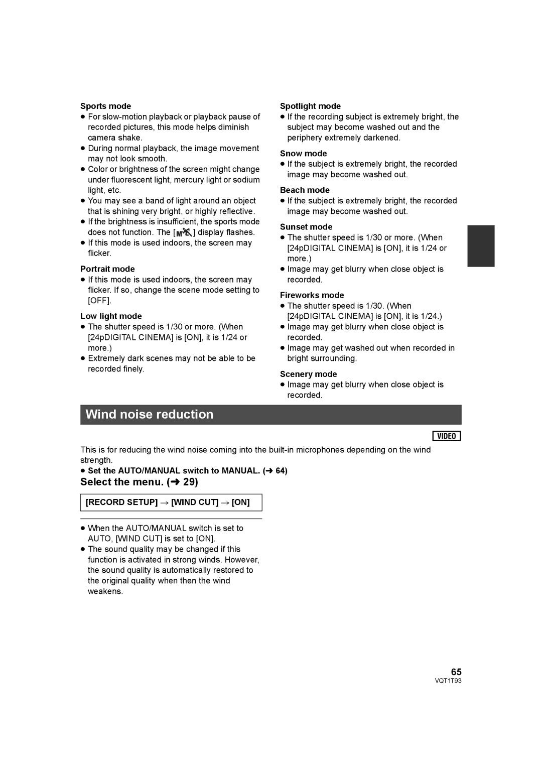 Panasonic HDC-HS100PC operating instructions Wind noise reduction, Record Setup # Wind CUT # on 