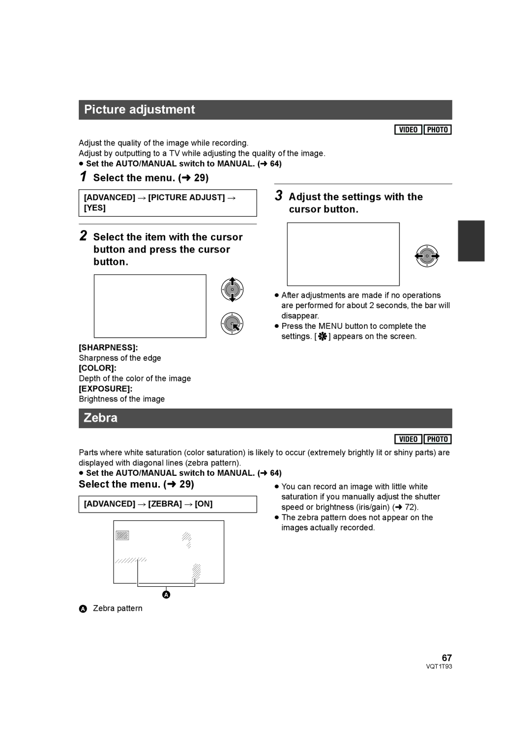 Panasonic HDC-HS100PC operating instructions Picture adjustment, Advanced # Picture Adjust # YES, Advanced # Zebra # on 