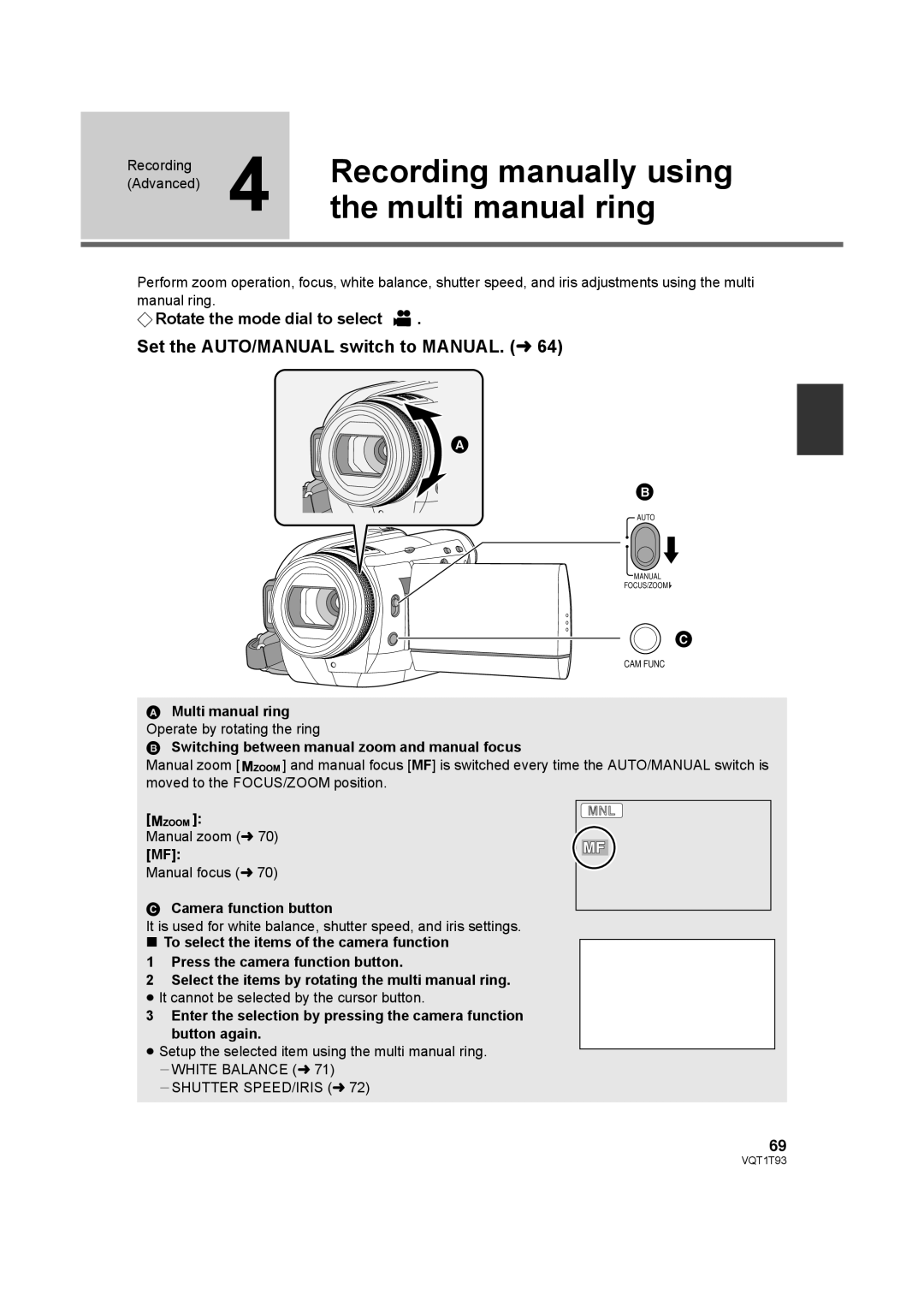 Panasonic HDC-HS100PC Recording manually using, Multi manual ring, Set the AUTO/MANUAL switch to MANUAL. l 