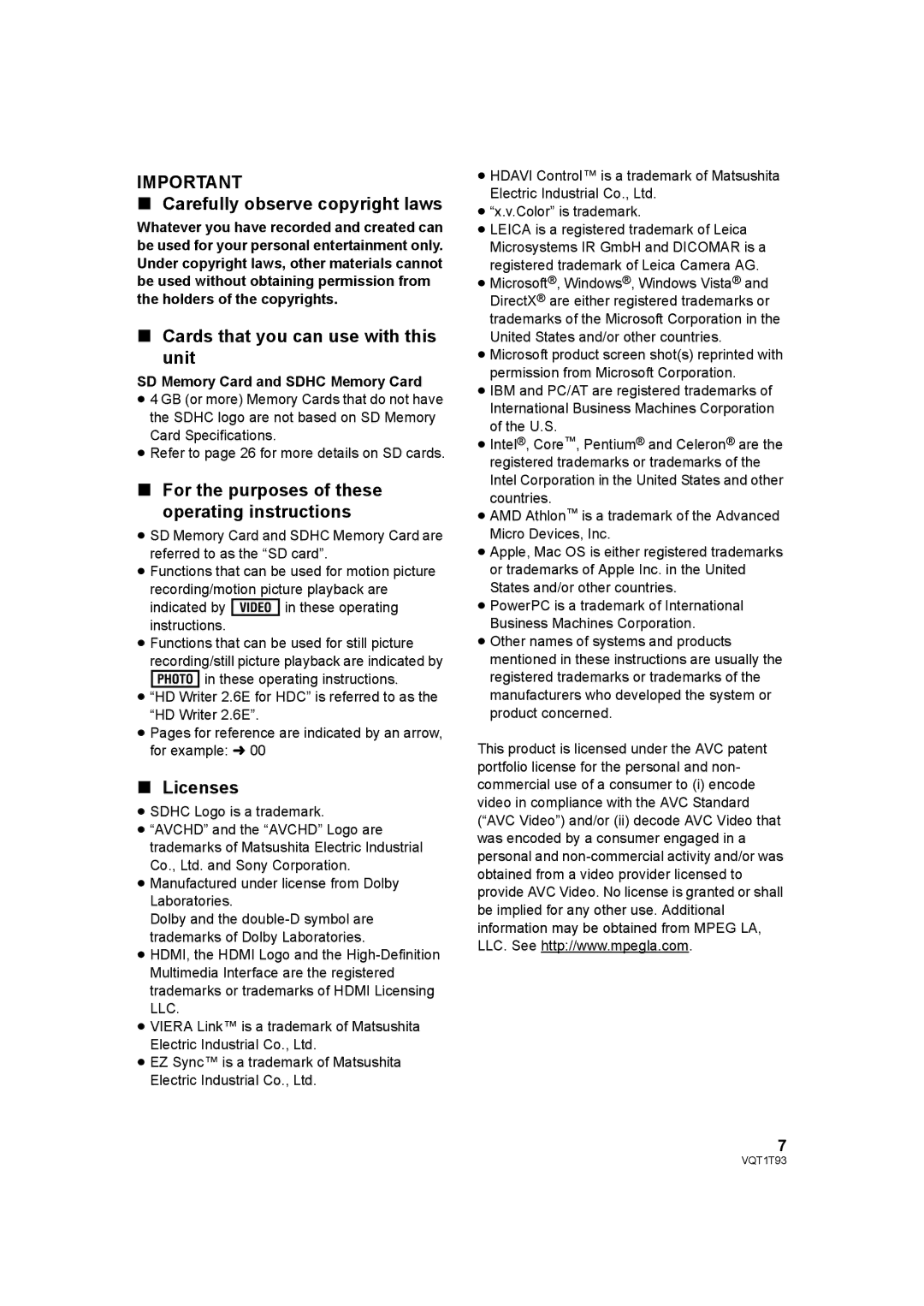 Panasonic HDC-HS100PC Carefully observe copyright laws, Cards that you can use with this unit, Licenses 