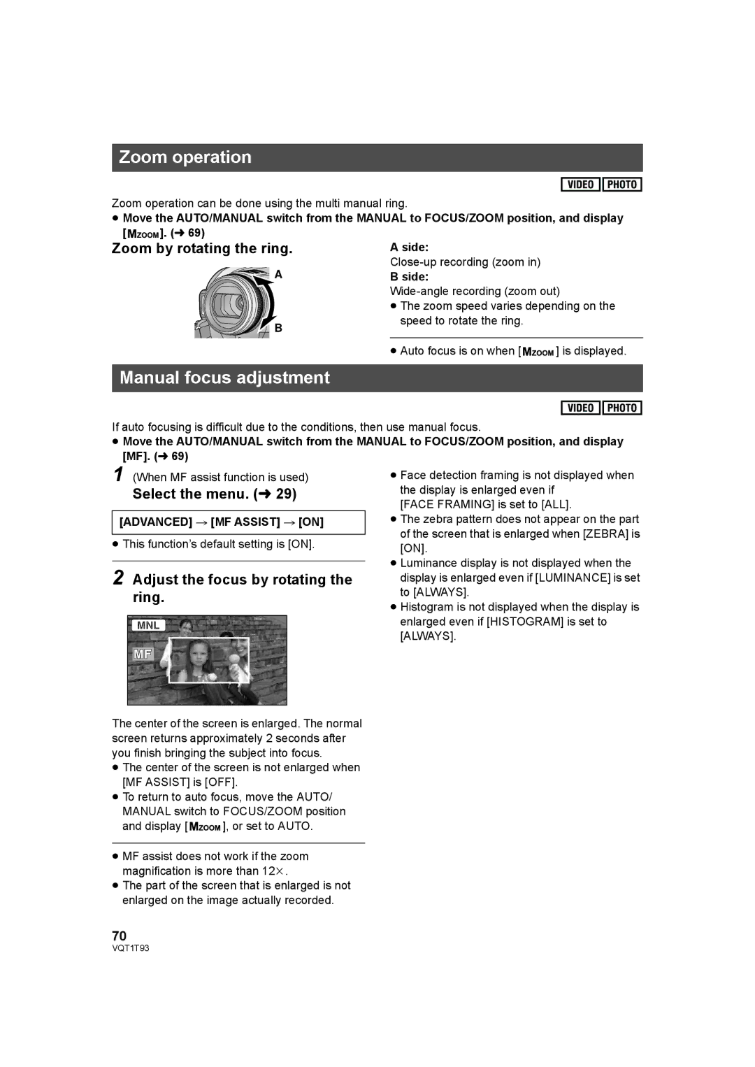 Panasonic HDC-HS100P Zoom operation, Manual focus adjustment, Zoom by rotating the ring, Advanced # MF Assist # on 