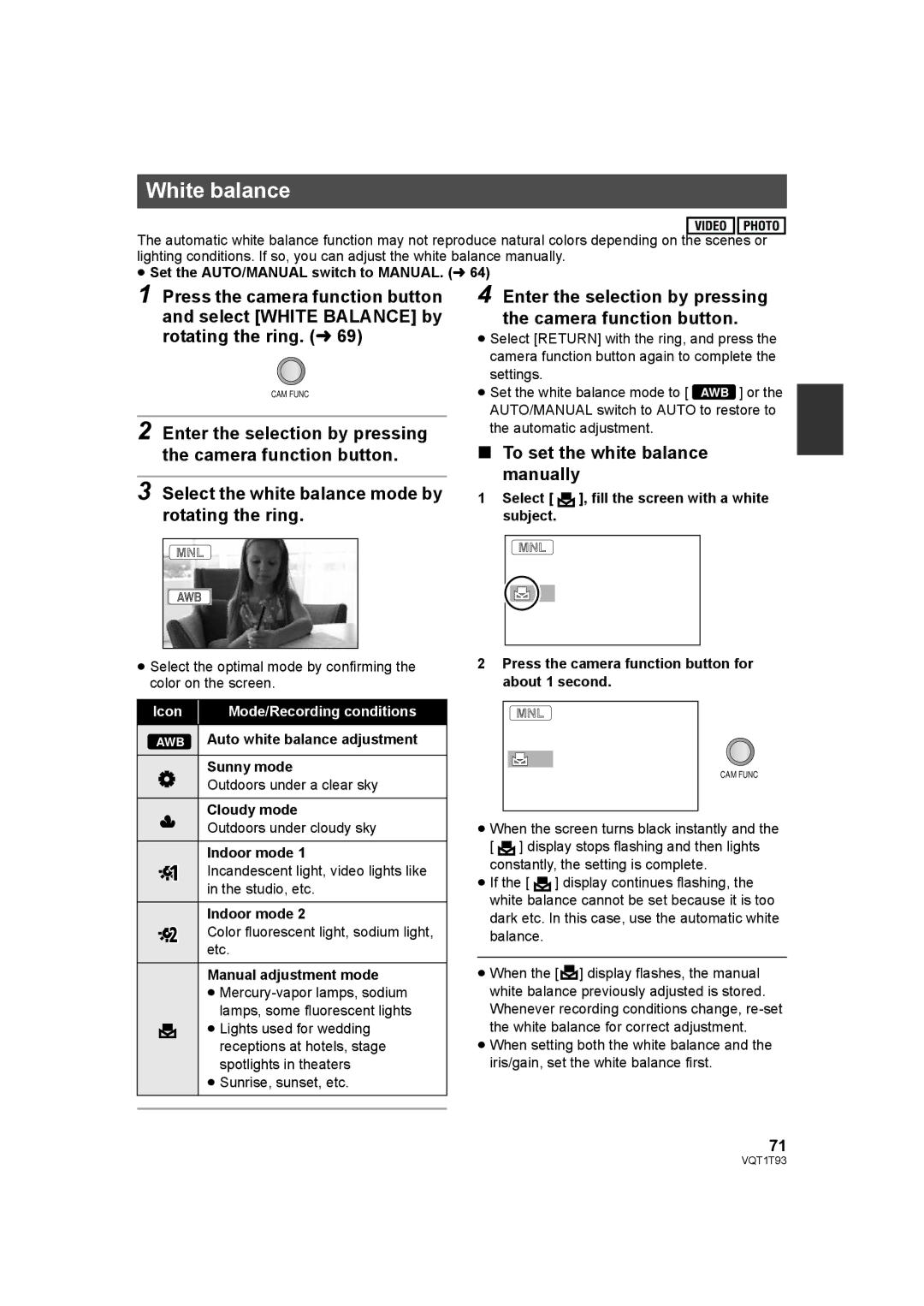 Panasonic HDC-HS100PC operating instructions White balance, To set the white balance manually 