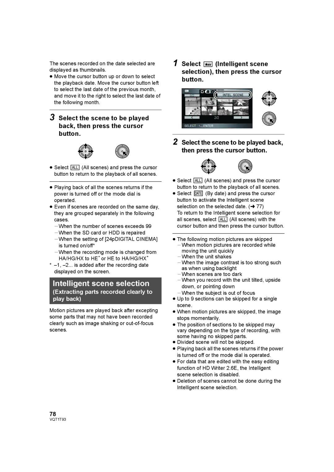 Panasonic HDC-HS100PC operating instructions Intelligent scene selection, Extracting parts recorded clearly to play back 