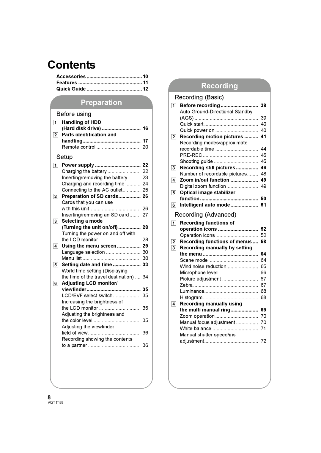 Panasonic HDC-HS100PC operating instructions Contents 