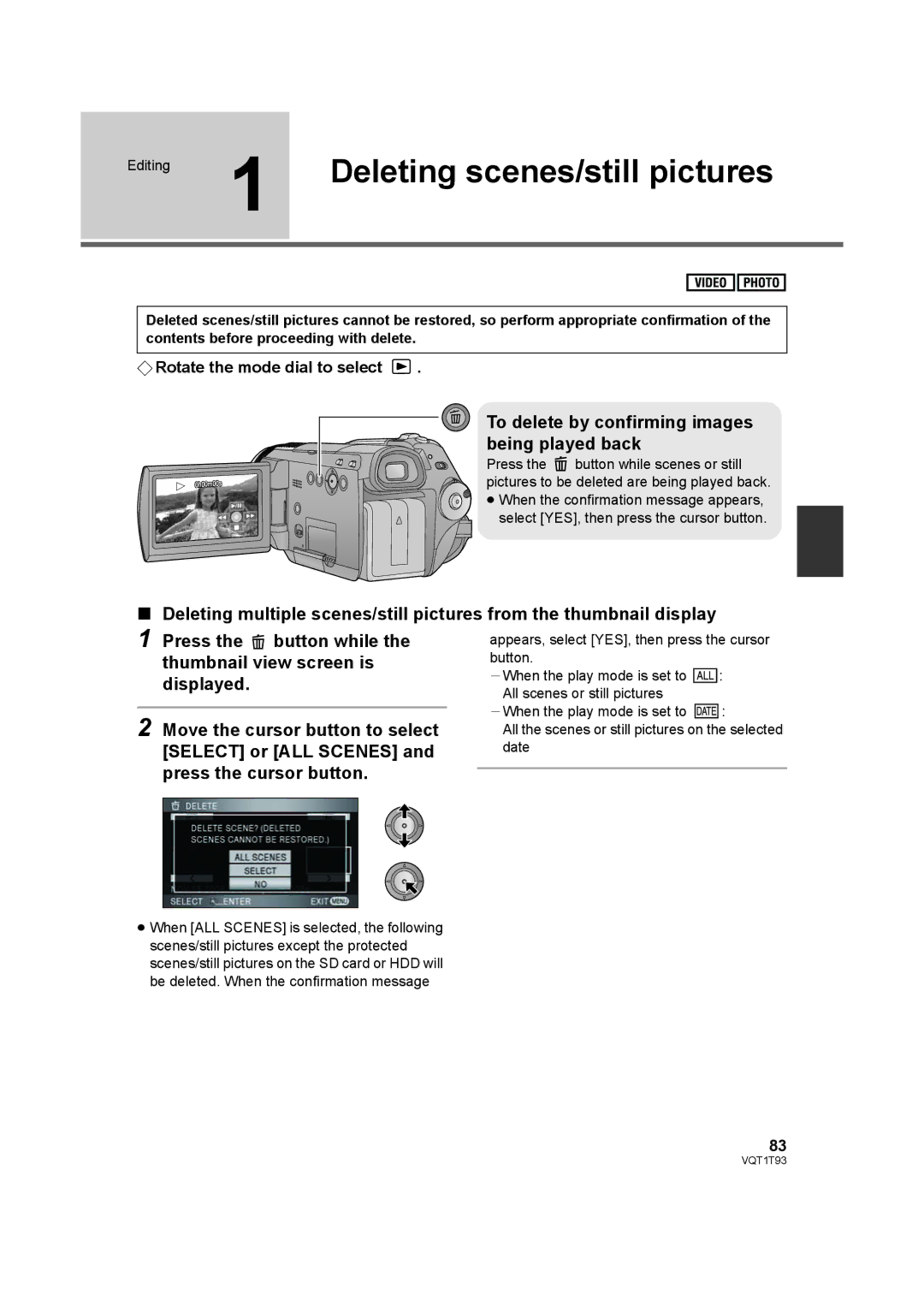 Panasonic HDC-HS100PC operating instructions Deleting scenes/still pictures 