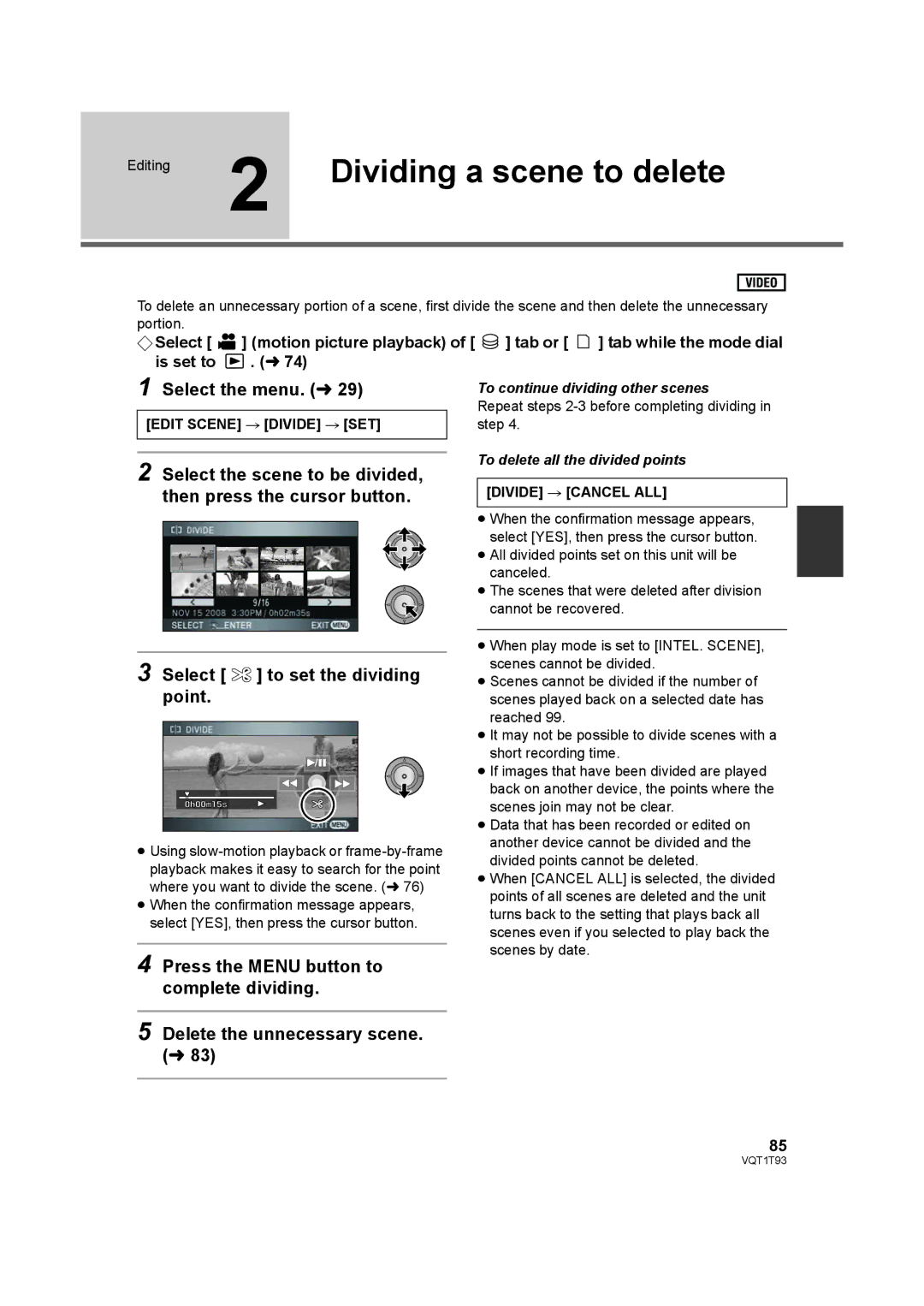 Panasonic HDC-HS100PC operating instructions Dividing a scene to delete, Edit Scene # Divide # SET, Divide # Cancel ALL 