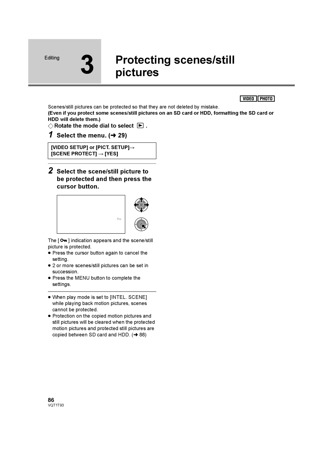 Panasonic HDC-HS100P PicturesProtecting scenes/still, Editing, Video Setup or PICT. SETUP# Scene Protect # YES 