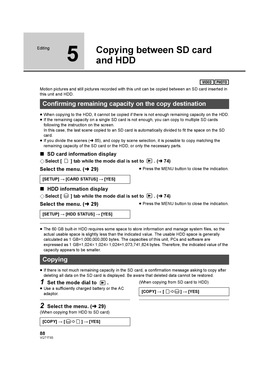 Panasonic HDC-HS100PC Copying between SD card, Hdd, Confirming remaining capacity on the copy destination 