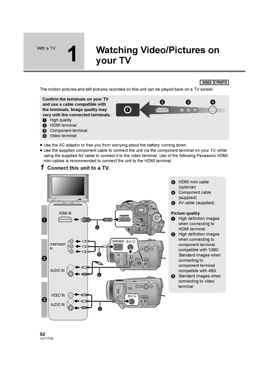 Panasonic HDC-HS100P Watching Video/Pictures on, Your TV, Connect this unit to a TV, With a TV, Picture quality 