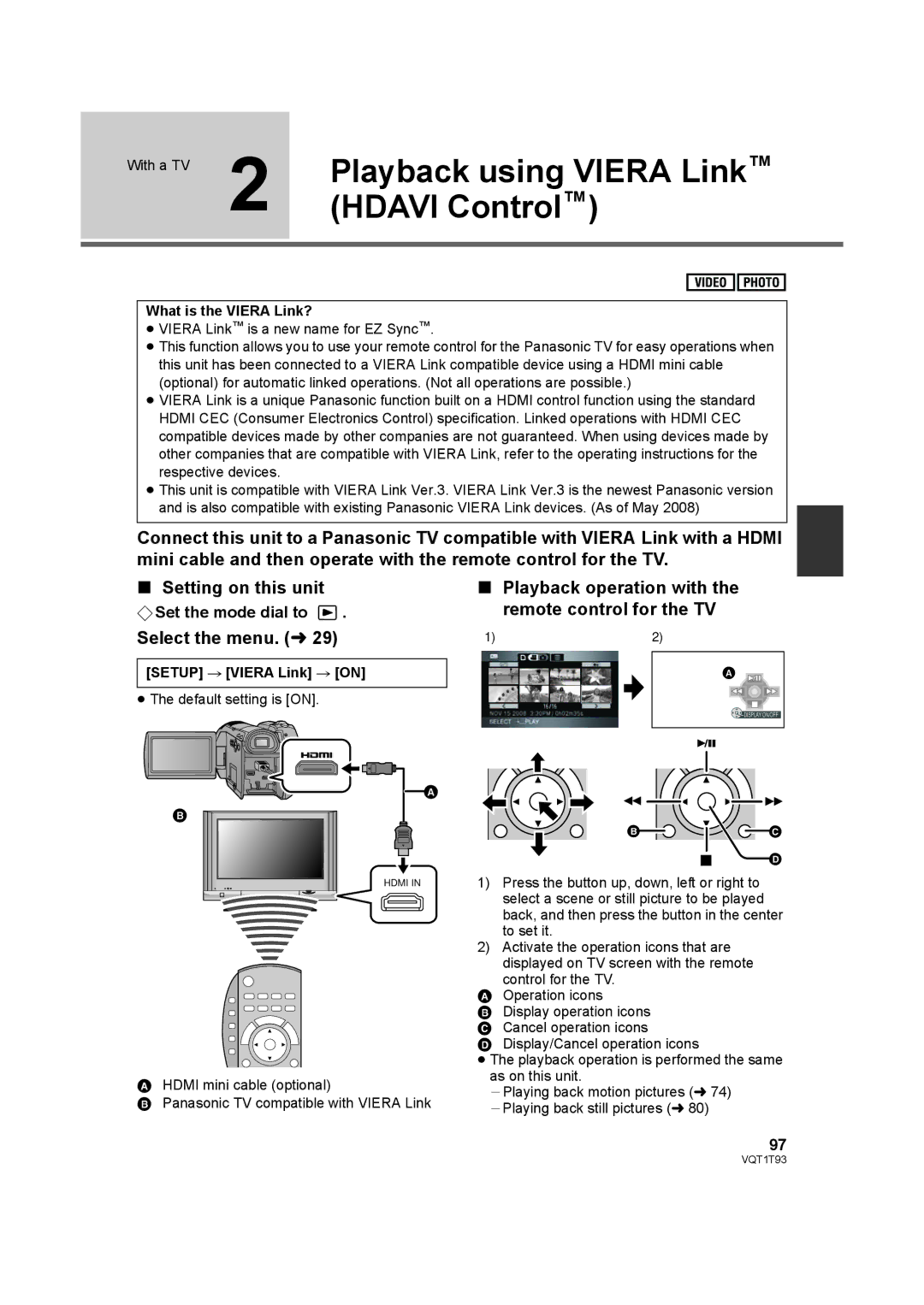 Panasonic HDC-HS100PC Playback using Viera Link, Hdavi Control, Playback operation with the remote control for the TV 