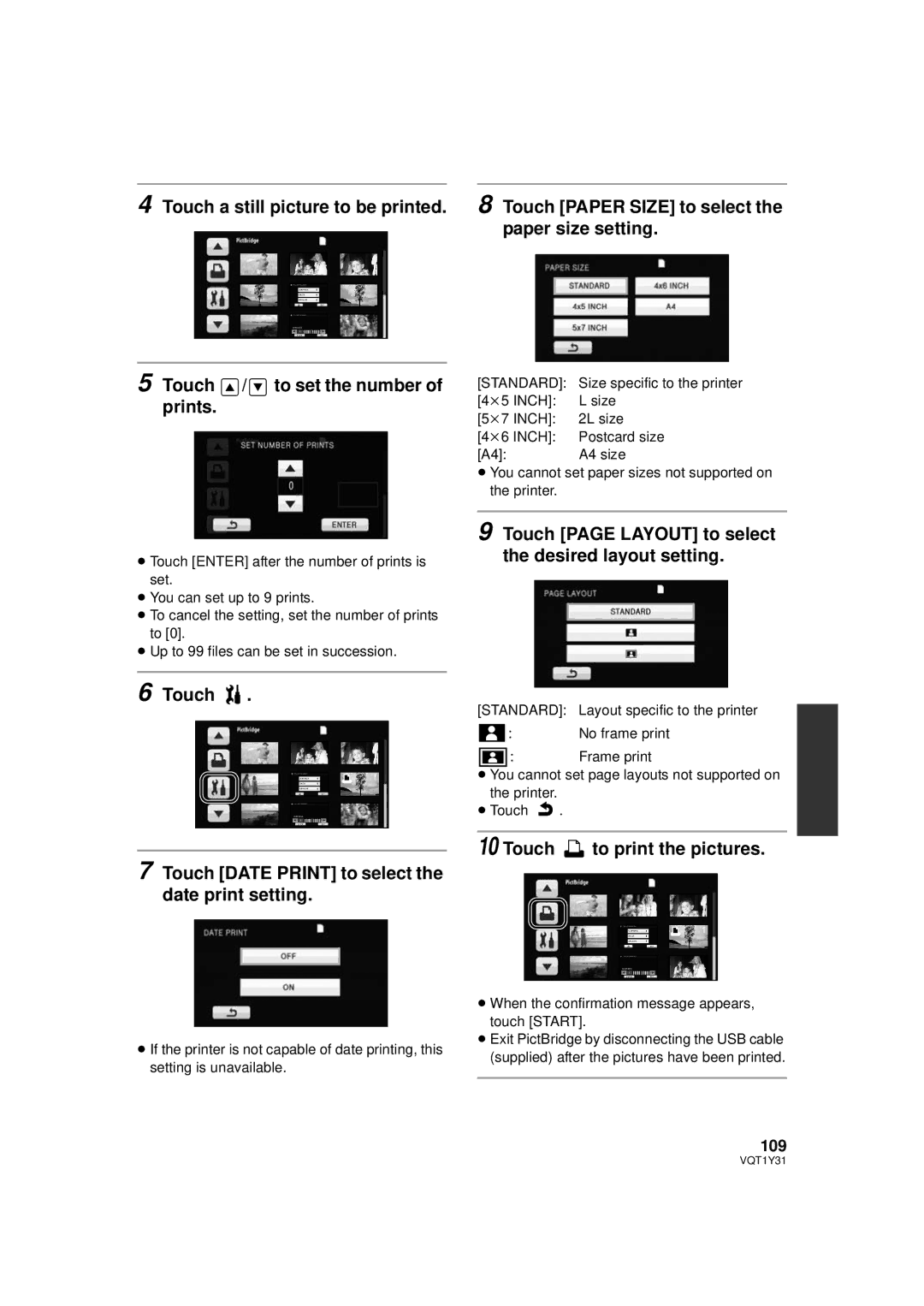 Panasonic HDC-HS250PC Touch Touch Date Print to select the date print setting, Touch to print the pictures, 109 