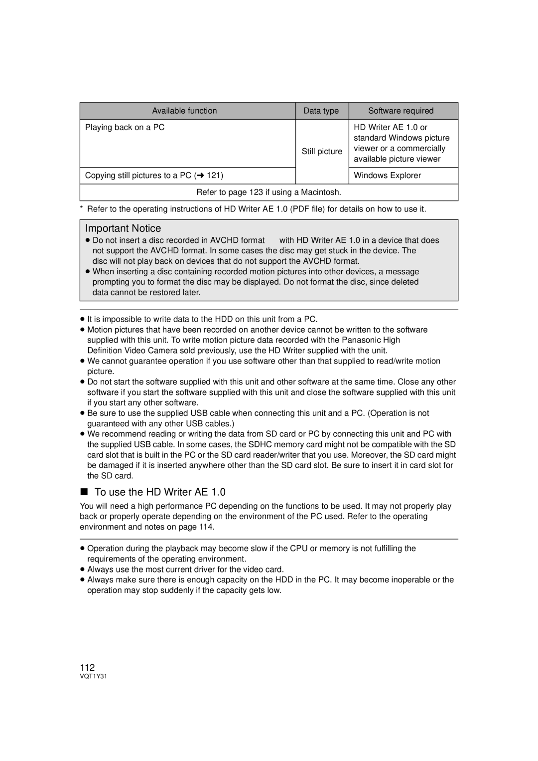 Panasonic HDC-HS250PC To use the HD Writer AE, 112, Available function Data type Software required 