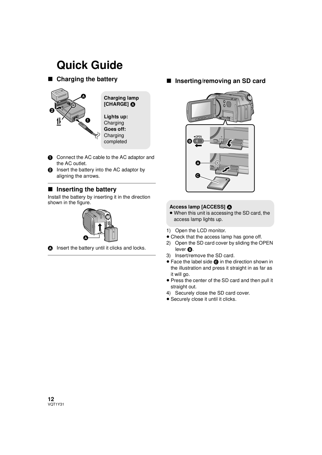 Panasonic HDC-HS250PC Quick Guide, Charging the battery, Inserting the battery, Inserting/removing an SD card 