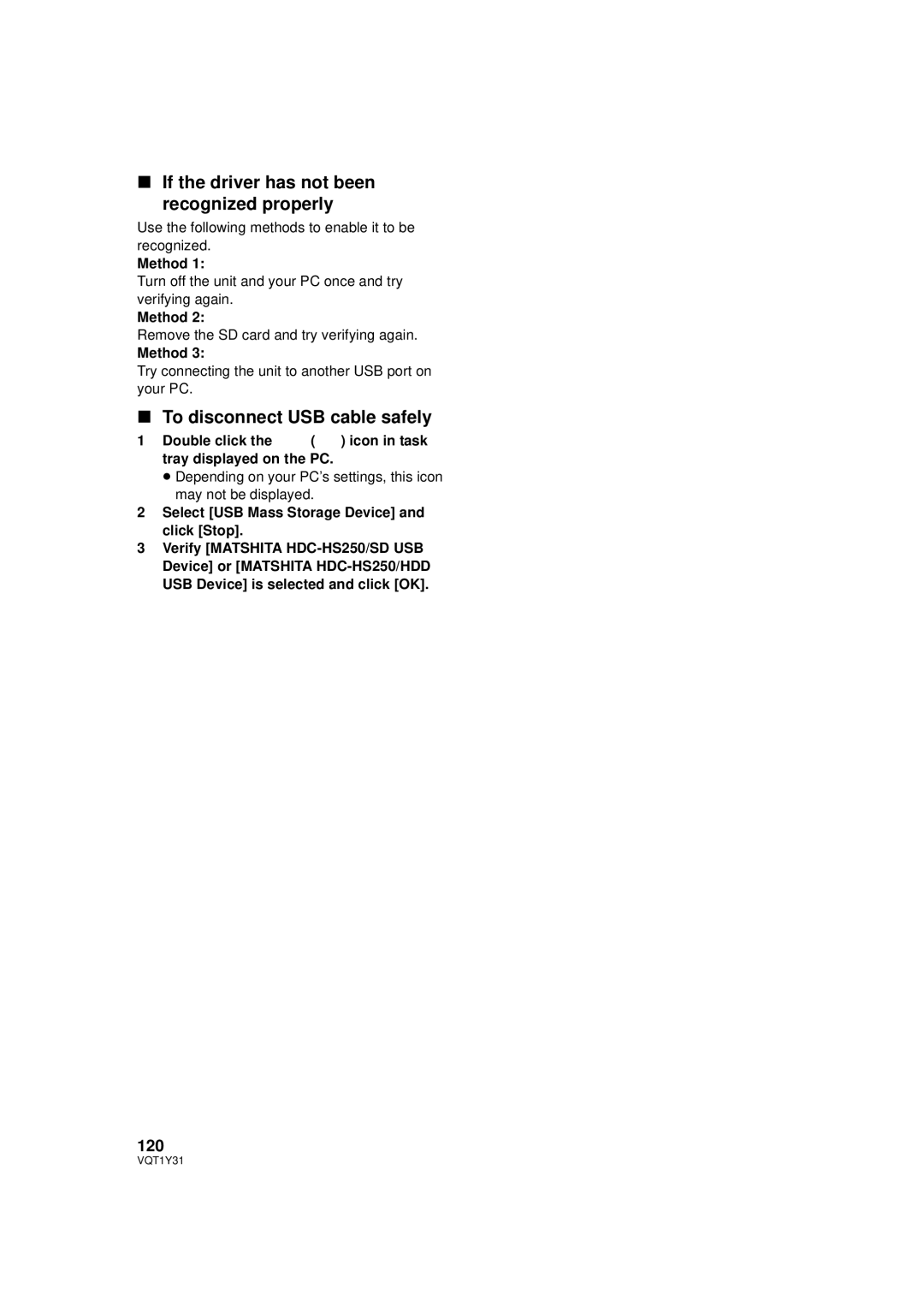 Panasonic HDC-HS250PC If the driver has not been recognized properly, To disconnect USB cable safely, 120 