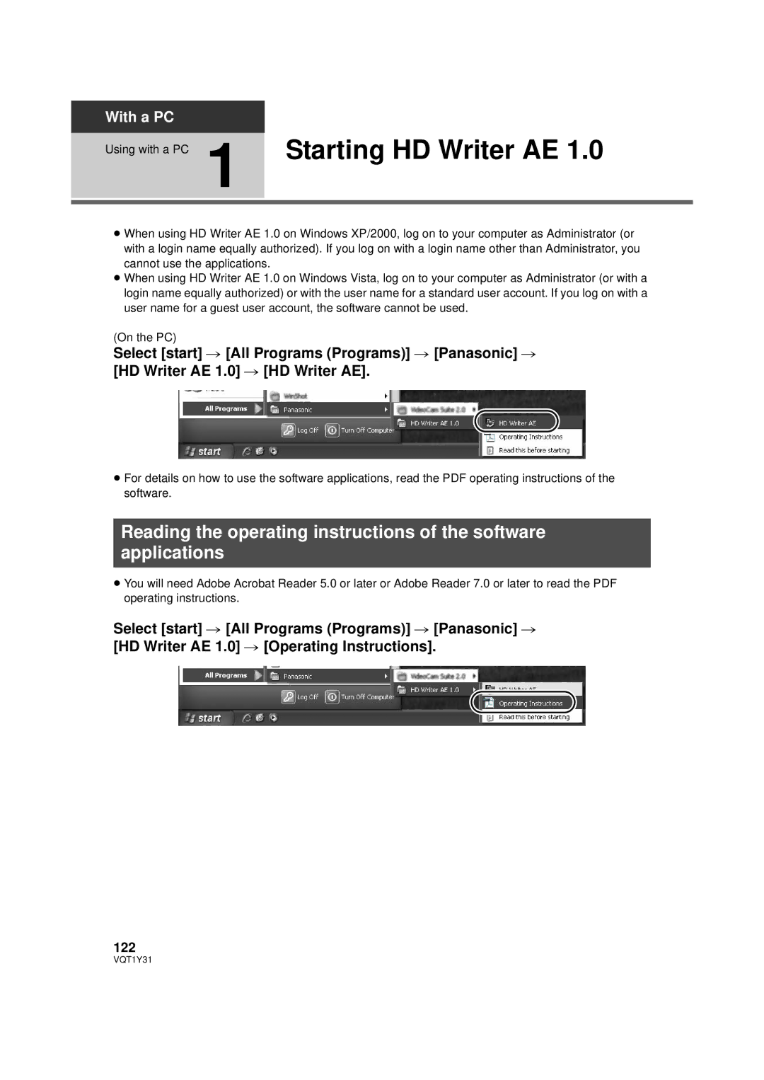 Panasonic HDC-HS250PC operating instructions Using with a PC 1 Starting HD Writer AE, 122 