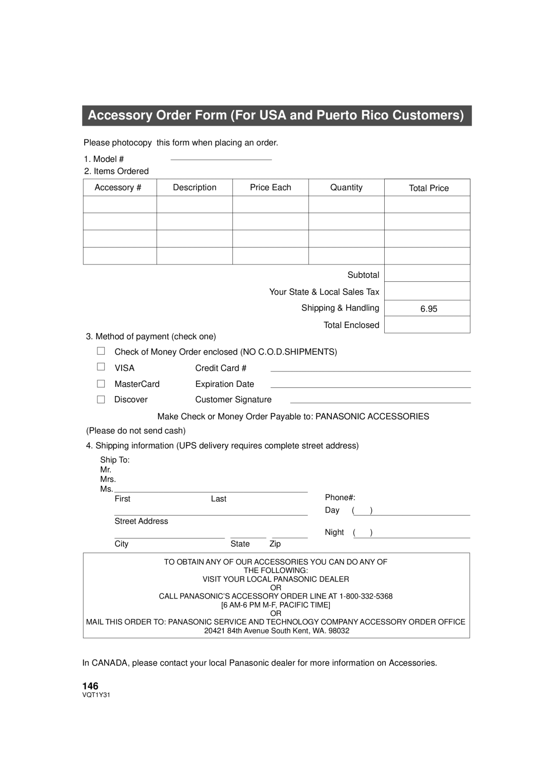 Panasonic HDC-HS250PC operating instructions Accessory Order Form For USA and Puerto Rico Customers, 146 