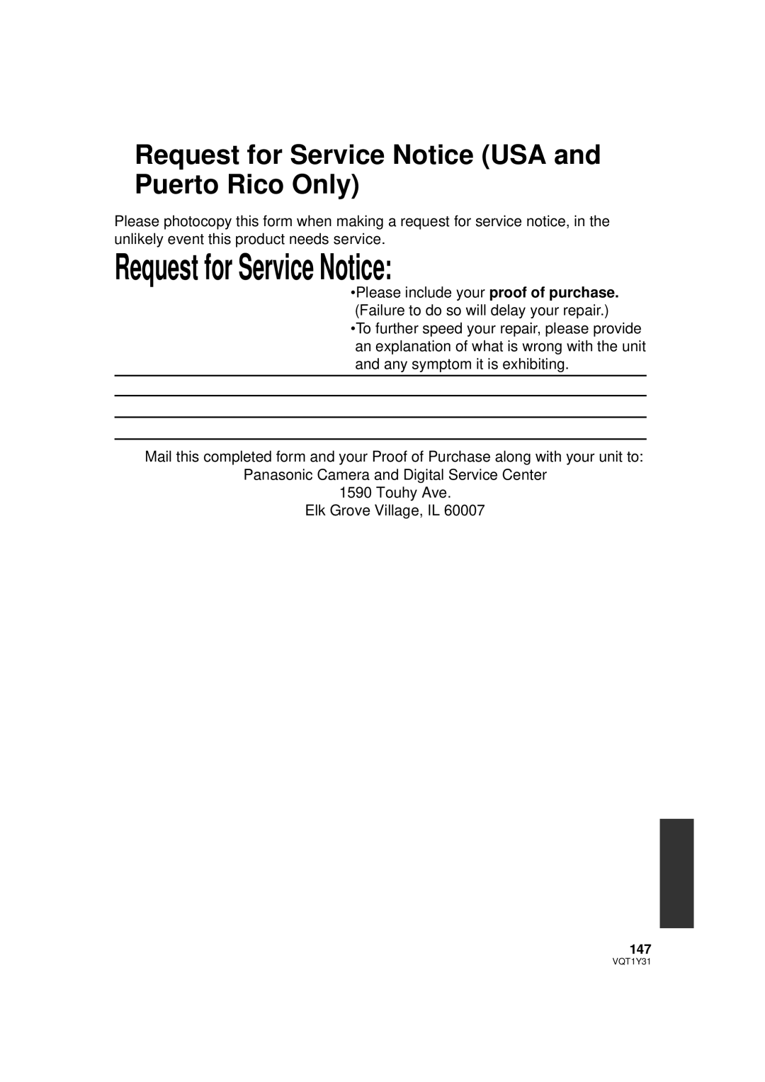 Panasonic HDC-HS250PC operating instructions Request for Service Notice USA and Puerto Rico Only, 147 