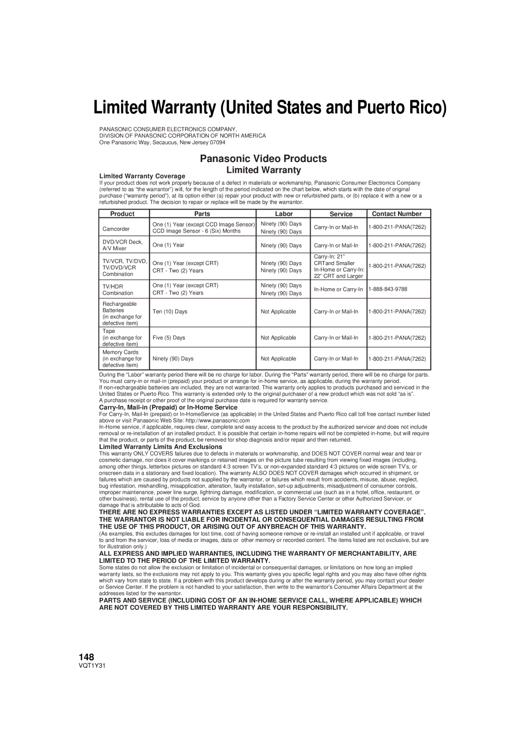 Panasonic HDC-HS250PC operating instructions Panasonic Video Products, Limited Warranty, 148 