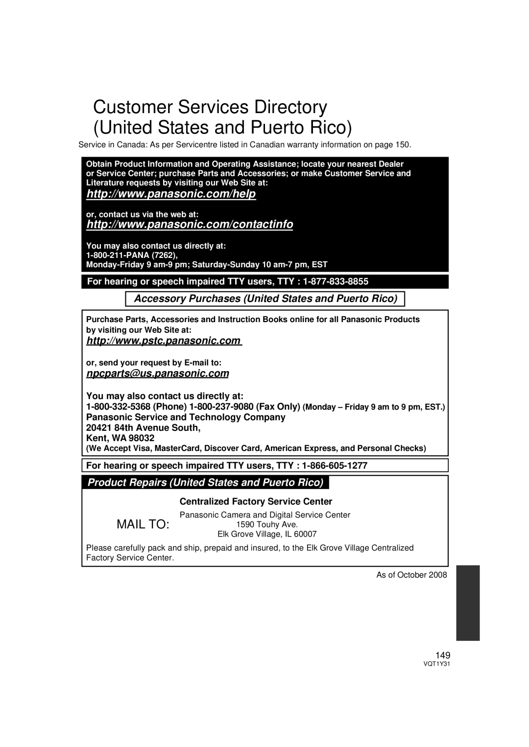 Panasonic HDC-HS250PC Customer Services Directory United States and Puerto Rico, Centralized Factory Service Center, 149 