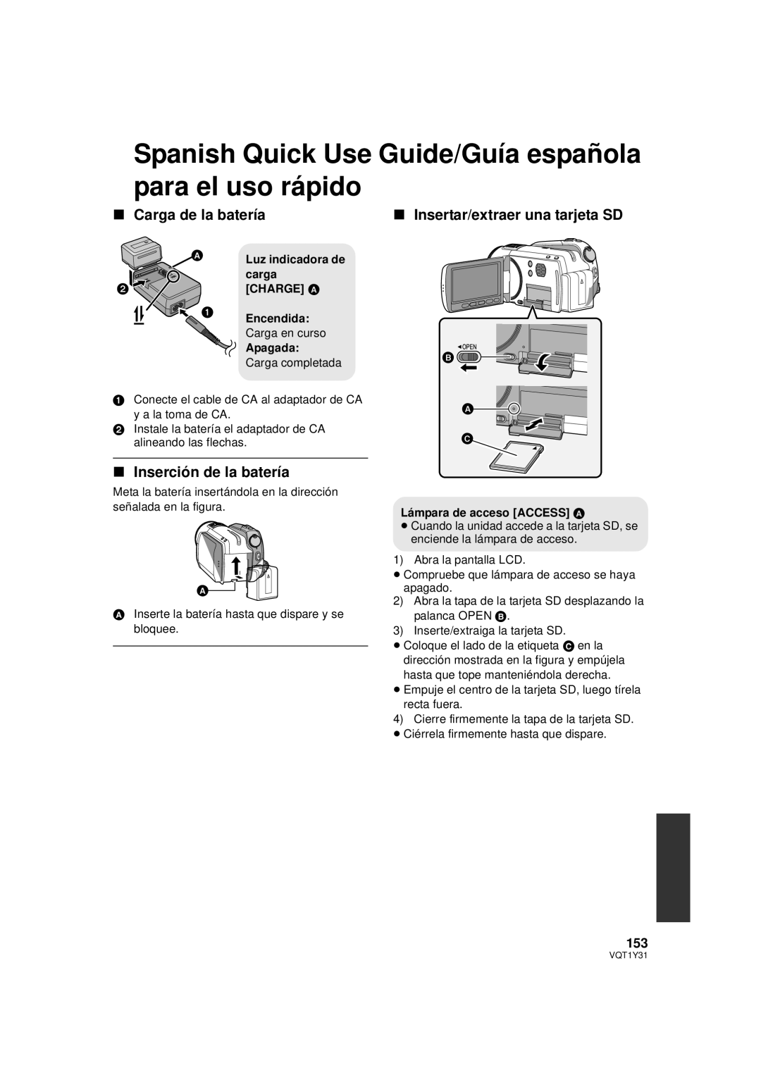 Panasonic HDC-HS250PC Spanish Quick Use Guide/Guía española para el uso rápido, Inserción de la batería, 153 