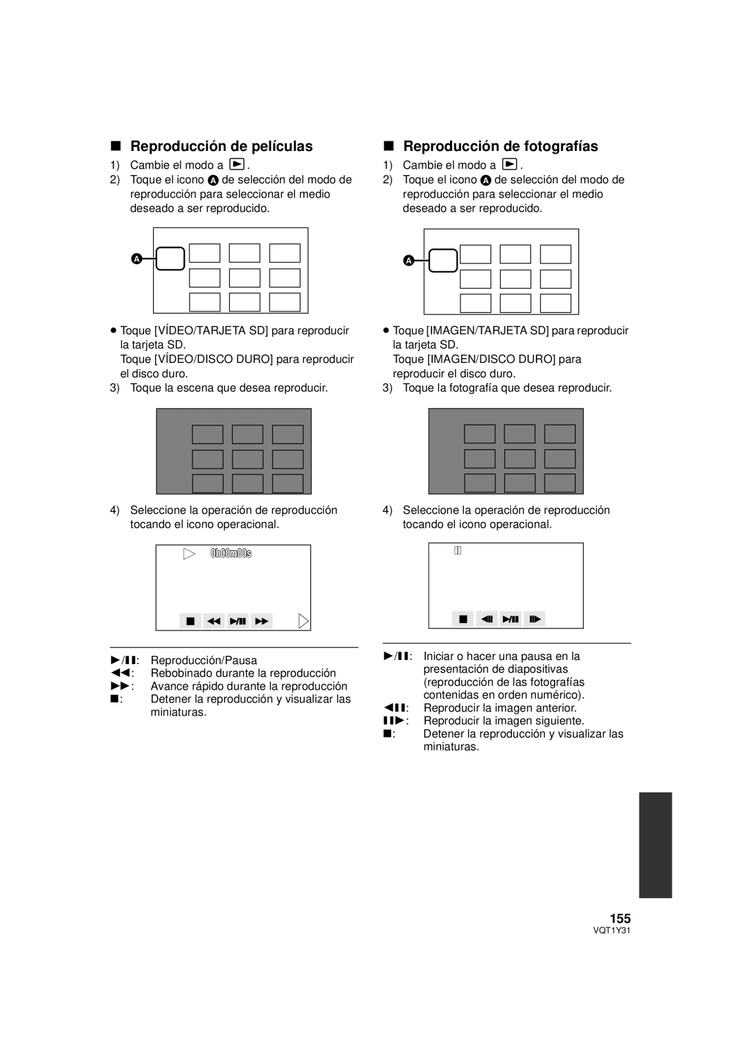 Panasonic HDC-HS250PC operating instructions Reproducción de películas, Reproducción de fotografías, 155 