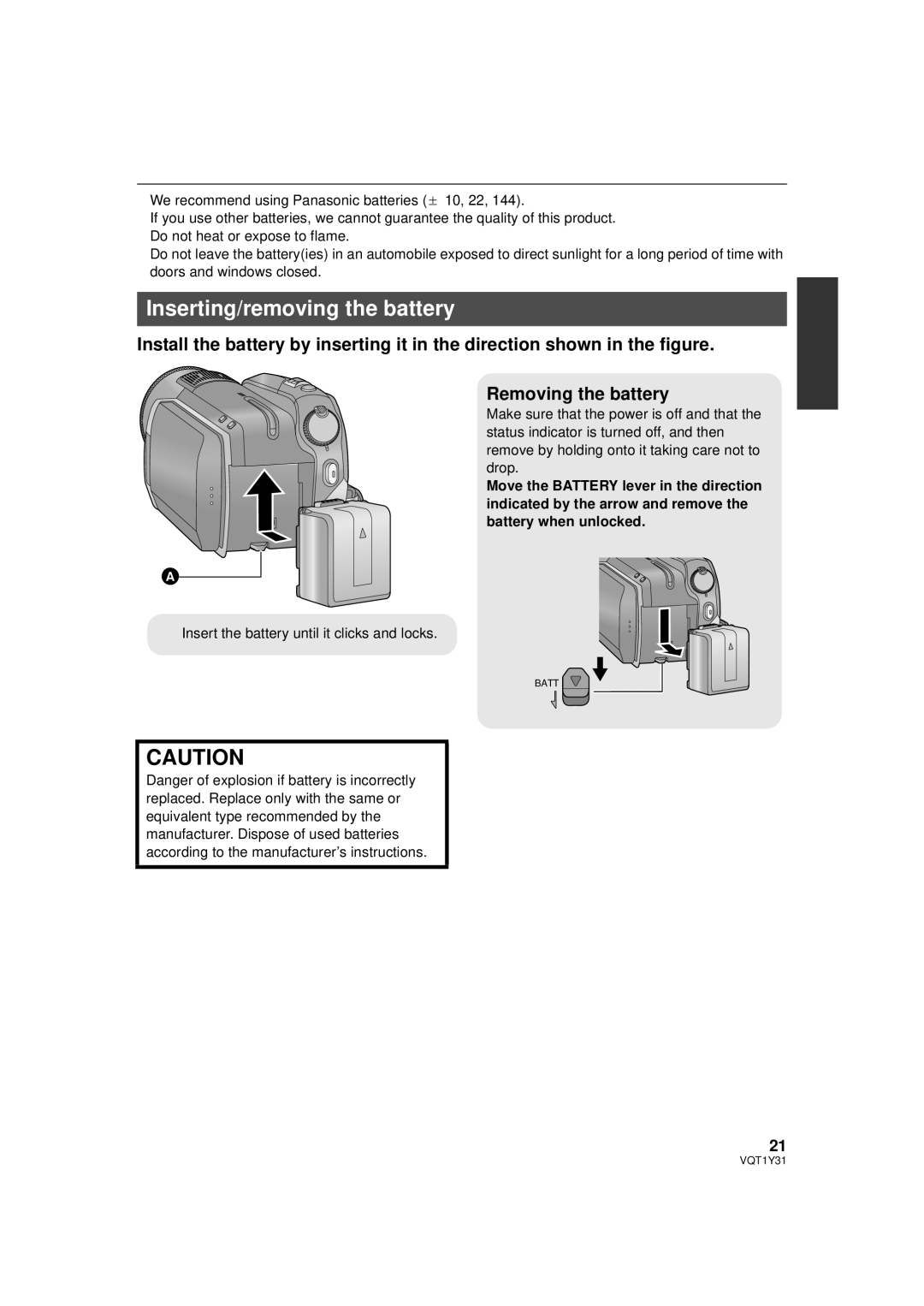 Panasonic HDC-HS250PC operating instructions Inserting/removing the battery 