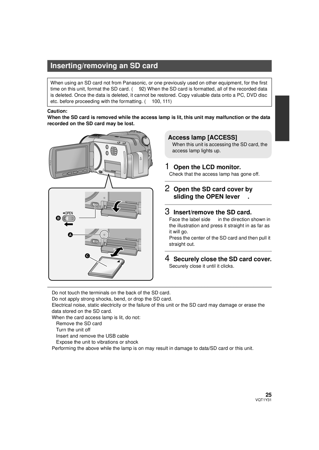 Panasonic HDC-HS250PC operating instructions Inserting/removing an SD card, Access lamp Access a, Open the LCD monitor 