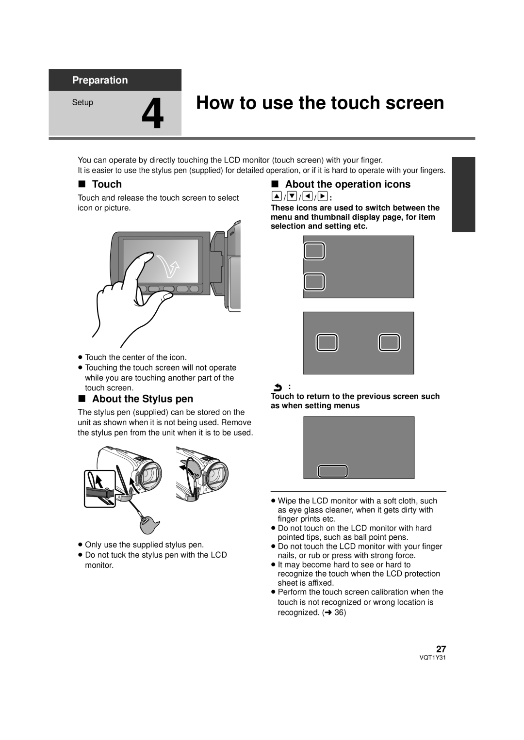 Panasonic HDC-HS250PC How to use the touch screen, Touch, About the operation icons, About the Stylus pen 