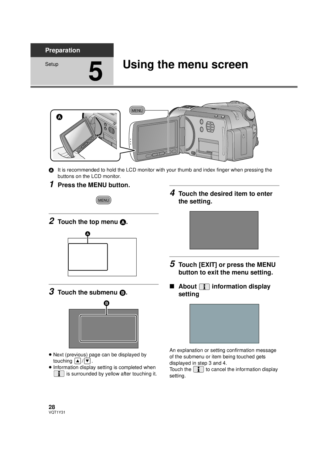 Panasonic HDC-HS250PC operating instructions Using the menu screen, Press the Menu button 