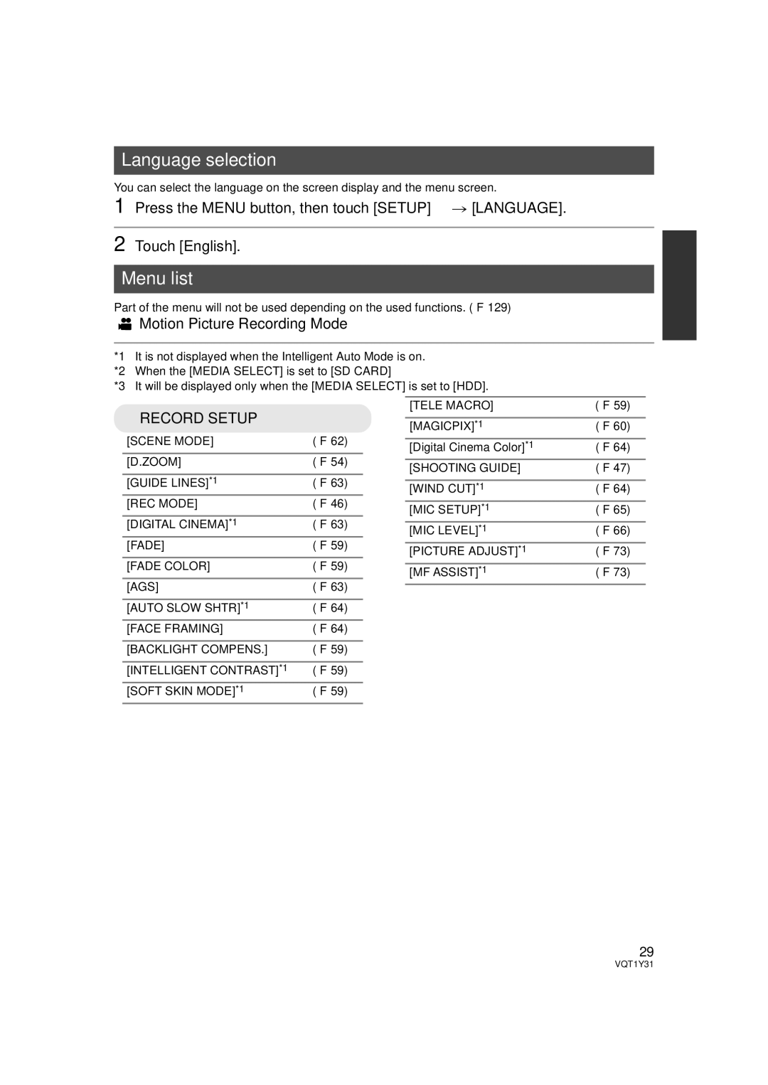 Panasonic HDC-HS250PC operating instructions Language selection, Menu list, Motion Picture Recording Mode 