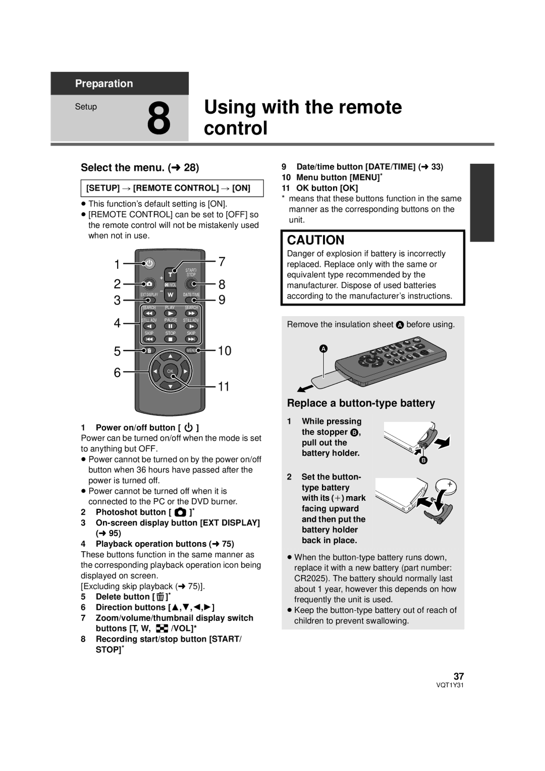 Panasonic HDC-HS250PC Using with the remote, Replace a button-type battery, Setup # Remote Control # on 