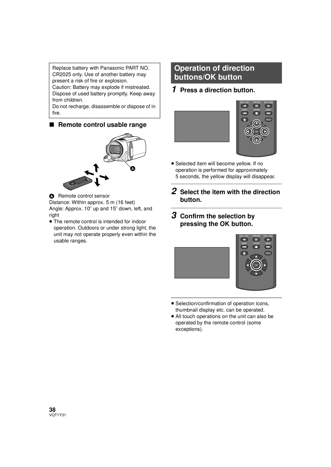 Panasonic HDC-HS250P Operation of direction buttons/OK button, Remote control usable range, Press a direction button 