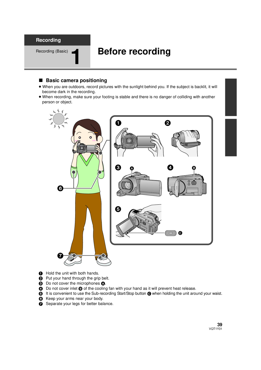 Panasonic HDC-HS250PC operating instructions Before recording, Basic camera positioning 