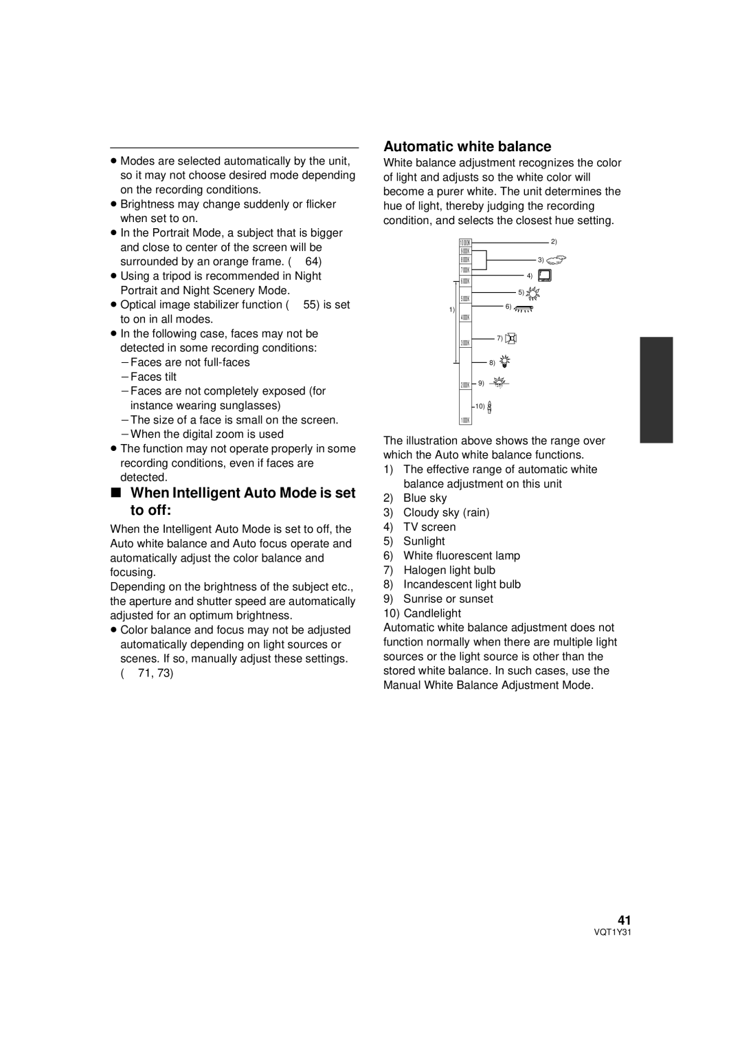 Panasonic HDC-HS250PC operating instructions When Intelligent Auto Mode is set to off, Automatic white balance 