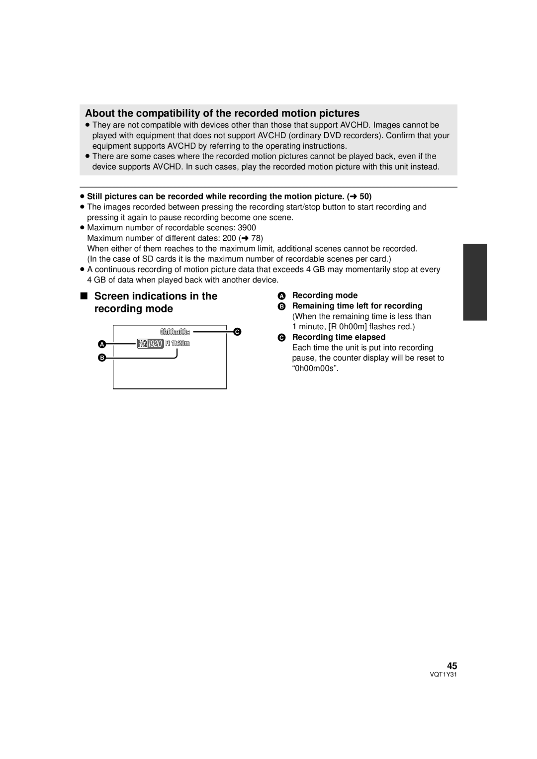 Panasonic HDC-HS250PC About the compatibility of the recorded motion pictures, Screen indications in the recording mode 