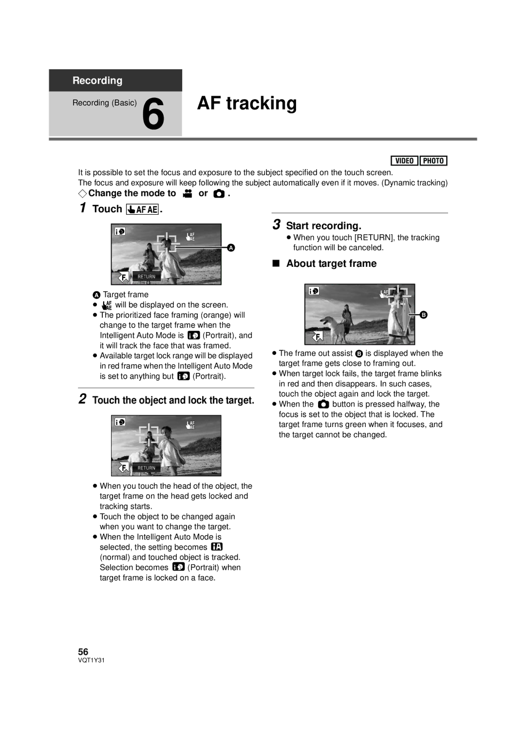 Panasonic HDC-HS250PC operating instructions Touch the object and lock the target, Start recording, About target frame 