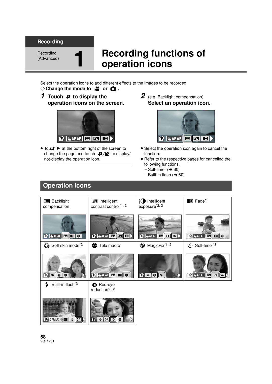 Panasonic HDC-HS250PC operating instructions Recording functions, Touch F to display, Operation icons on the screen 