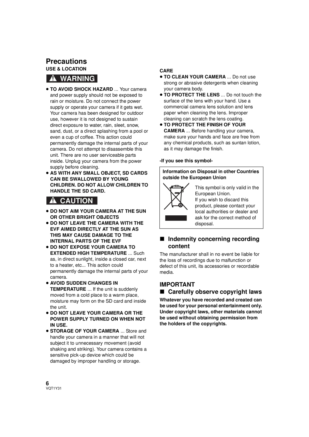 Panasonic HDC-HS250PC Indemnity concerning recording content, Carefully observe copyright laws, USE & Location 