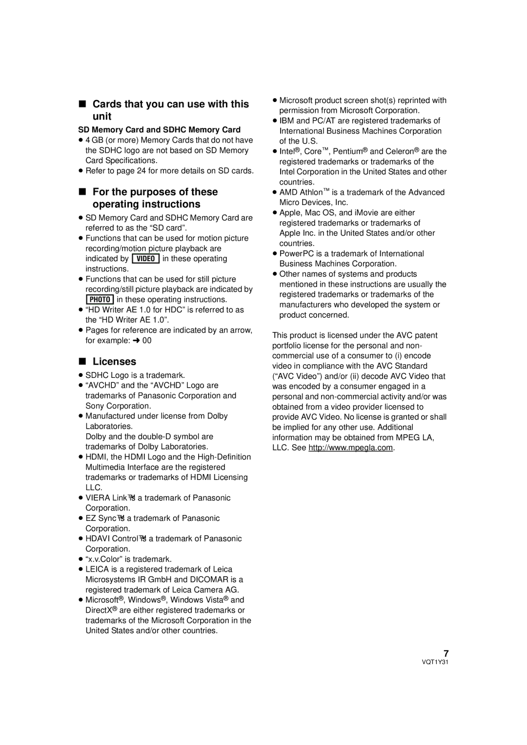 Panasonic HDC-HS250PC Cards that you can use with this unit, For the purposes of these operating instructions, Licenses 