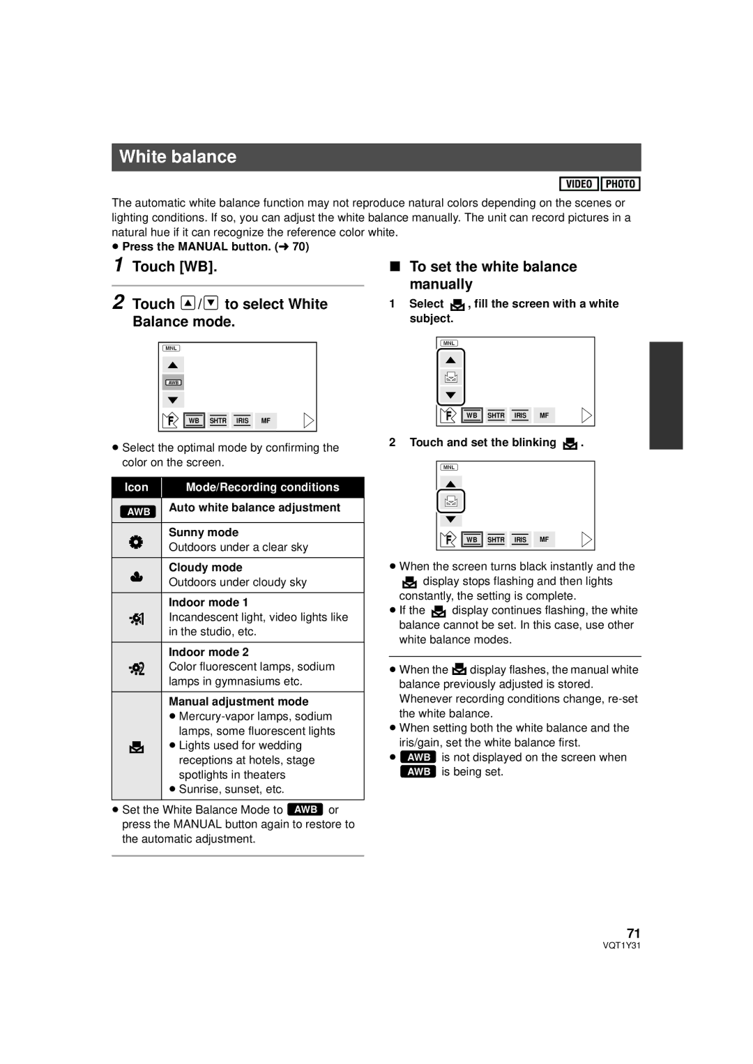 Panasonic HDC-HS250PC operating instructions White balance 