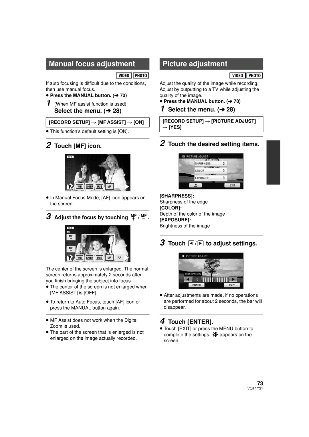 Panasonic HDC-HS250PC Manual focus adjustment Picture adjustment, Touch MF icon, Touch the desired setting items 