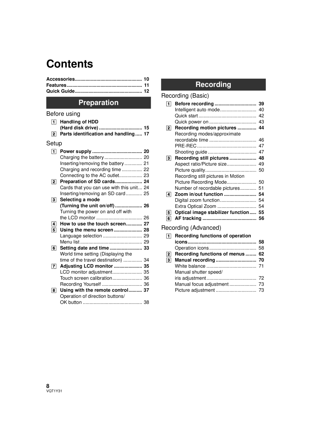 Panasonic HDC-HS250PC operating instructions Contents 