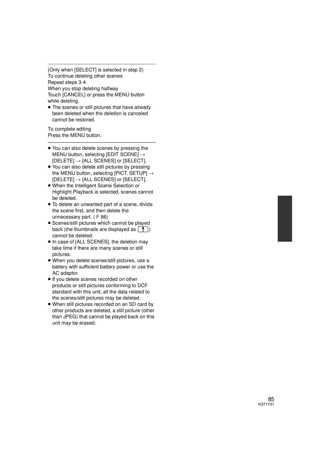 Panasonic HDC-HS250PC operating instructions To continue deleting other scenes 