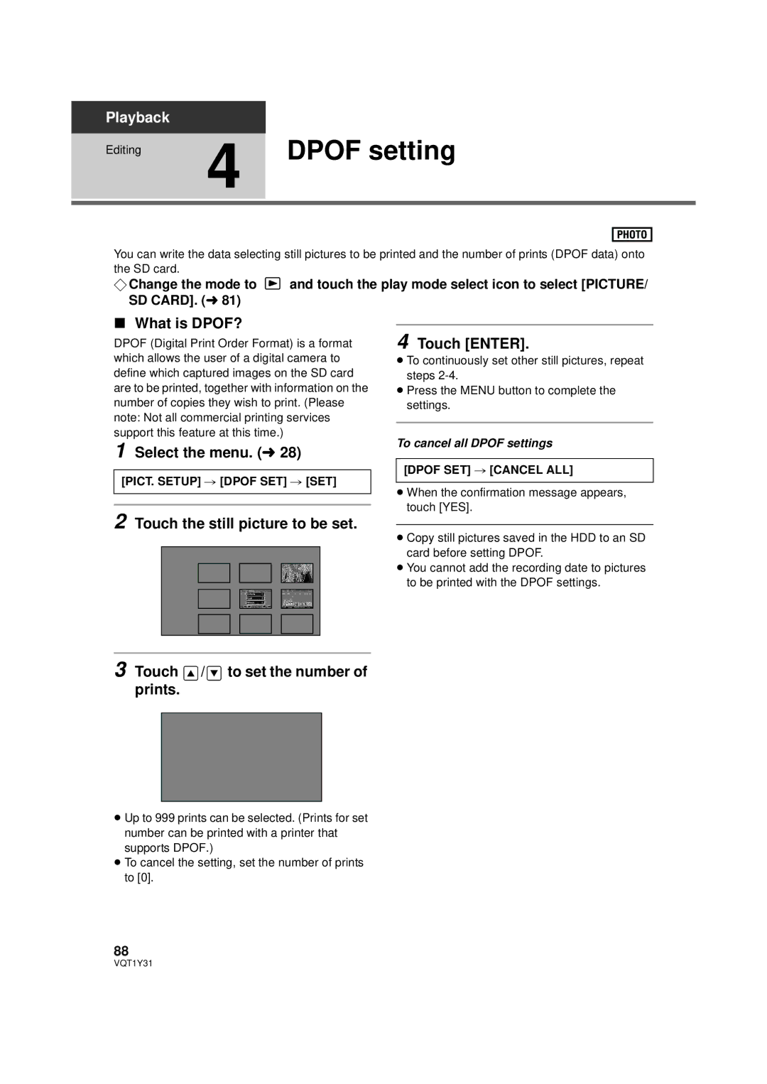 Panasonic HDC-HS250PC Dpof setting, What is DPOF?, PICT. Setup # Dpof SET # SET, Dpof SET # Cancel ALL 