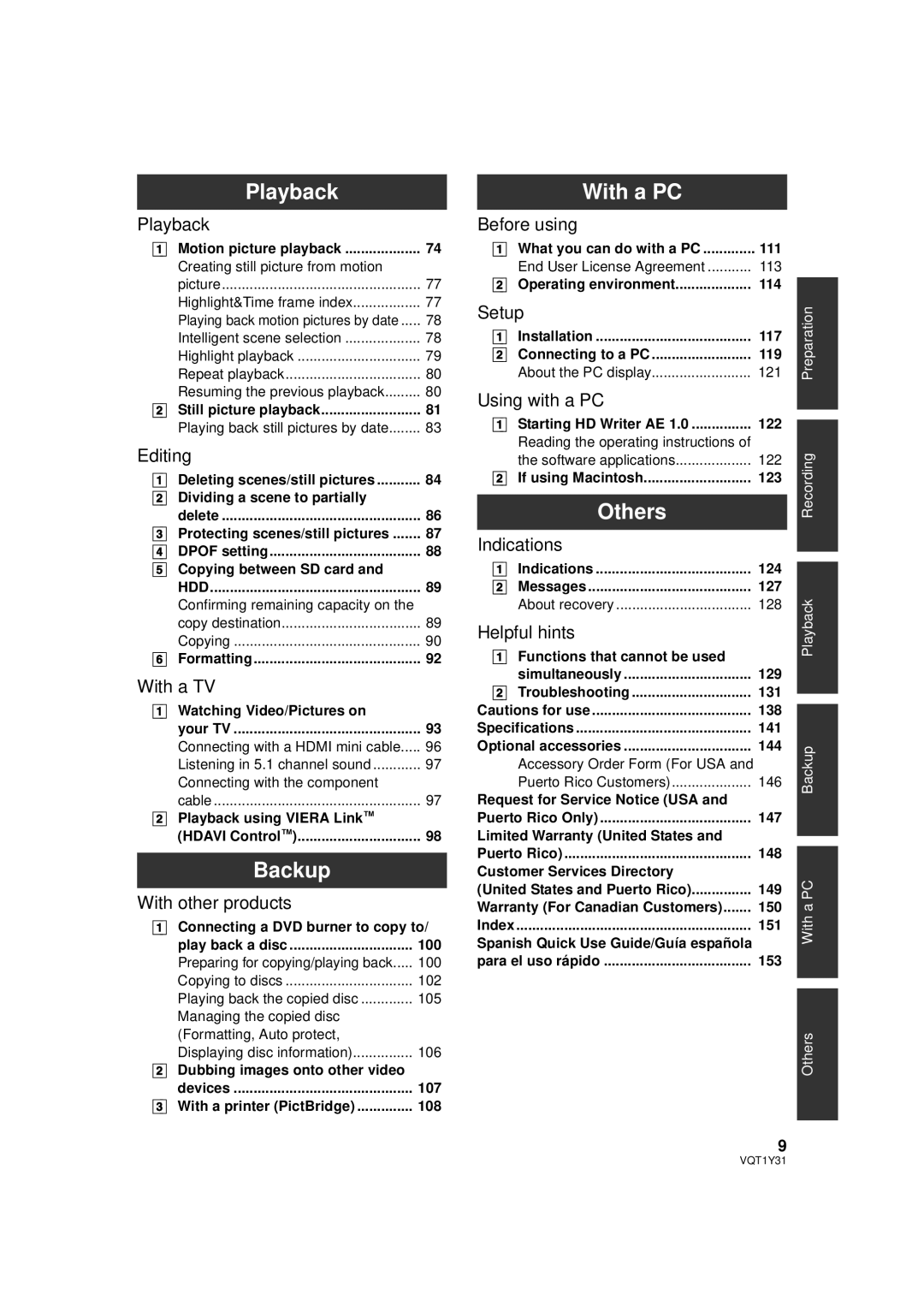 Panasonic HDC-HS250PC operating instructions Playback, Backup, With a PC, Others 