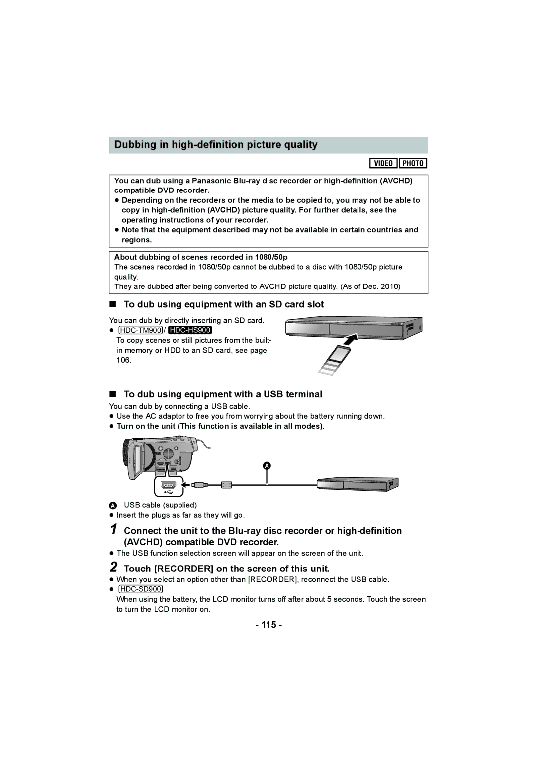 Panasonic HDC-TM900 To dub using equipment with an SD card slot, To dub using equipment with a USB terminal, 115 