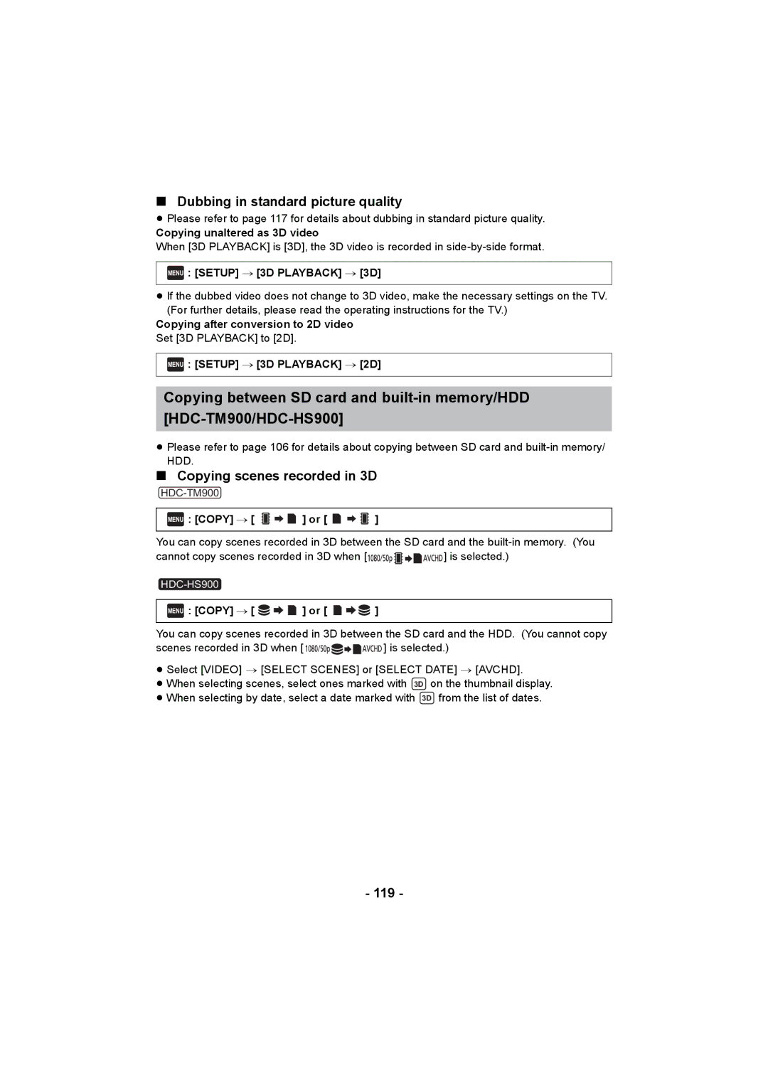 Panasonic HDC-SD900, HDC-HS900, HDC-TM900 Dubbing in standard picture quality, Copying scenes recorded in 3D, 119 