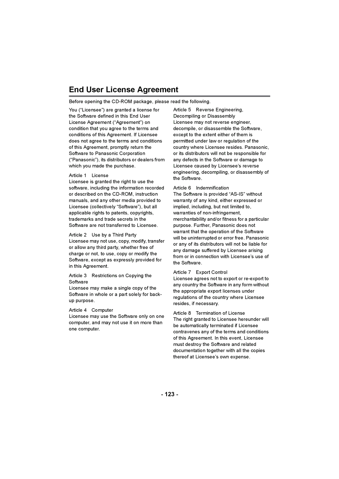 Panasonic HDC-HS900, HDC-TM900, HDC-SD900 operating instructions End User License Agreement, 123 